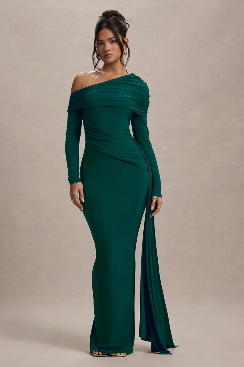 Skew Collar Long Sleeve Maxi Dress Gown Backless Draped Ruched Bodycon Long Dress
