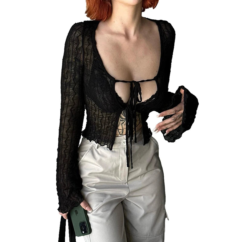 V-Neck Long Sleeve Lace-Up Slit Crop Top Wood Ear Hem Super Thin T-Shirt Caaul Cardigan