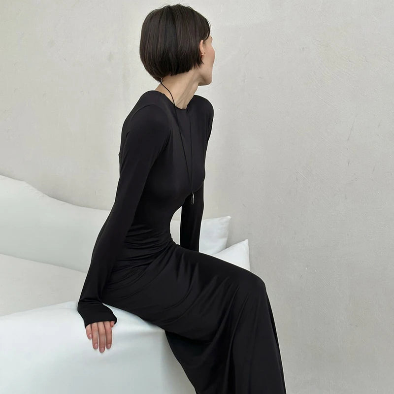Round Neck Long-Sleev Package Hip Long Dress Wait Bottoming Long Skirt