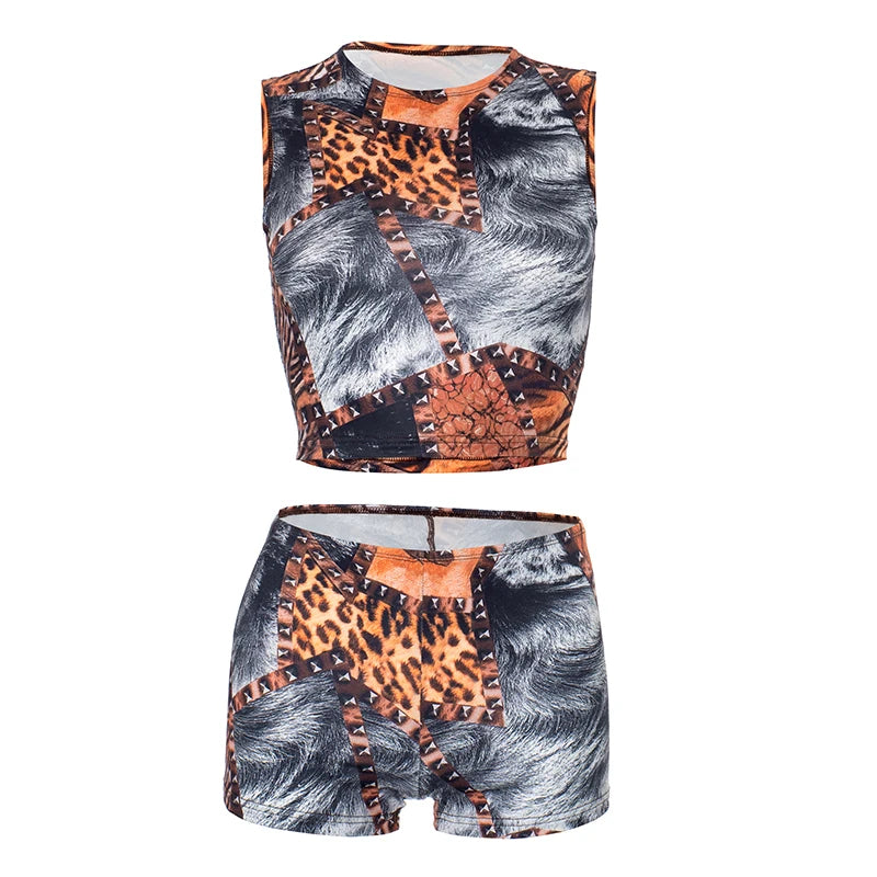 Spring/ Leopard Print Sleeveless Tank Top Mini Shorts Exposed Navel Shorts Set