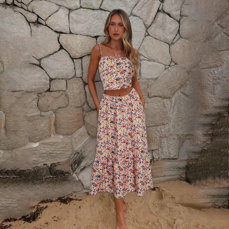 Floral Backless Pleated Two Piece Set