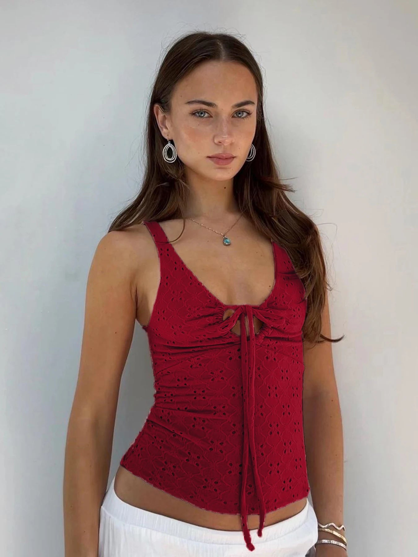 Lace-up Color Hole Top Slim Knitted Top