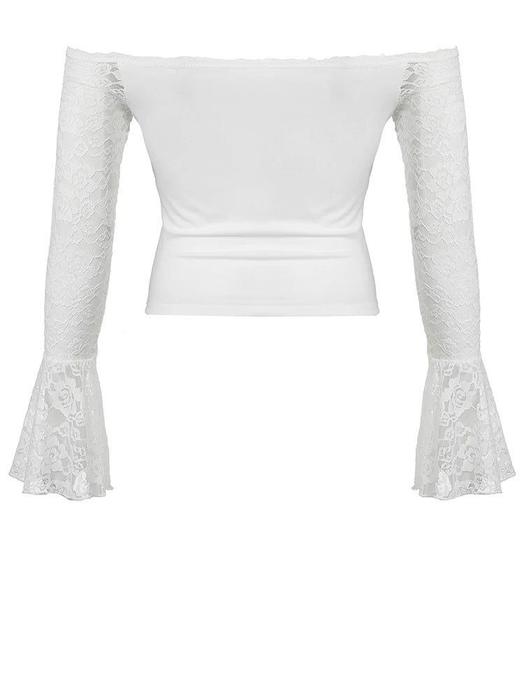 Lace Patckwork Tee Shirt Flare Sleeve Slah Neck Slim Cropp Top