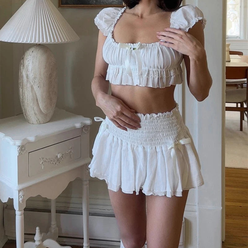 Fairycore Set 00s Bow Trim Off Shoulder Crop Tops T-shirt Ruffled Layered Mini Skirt