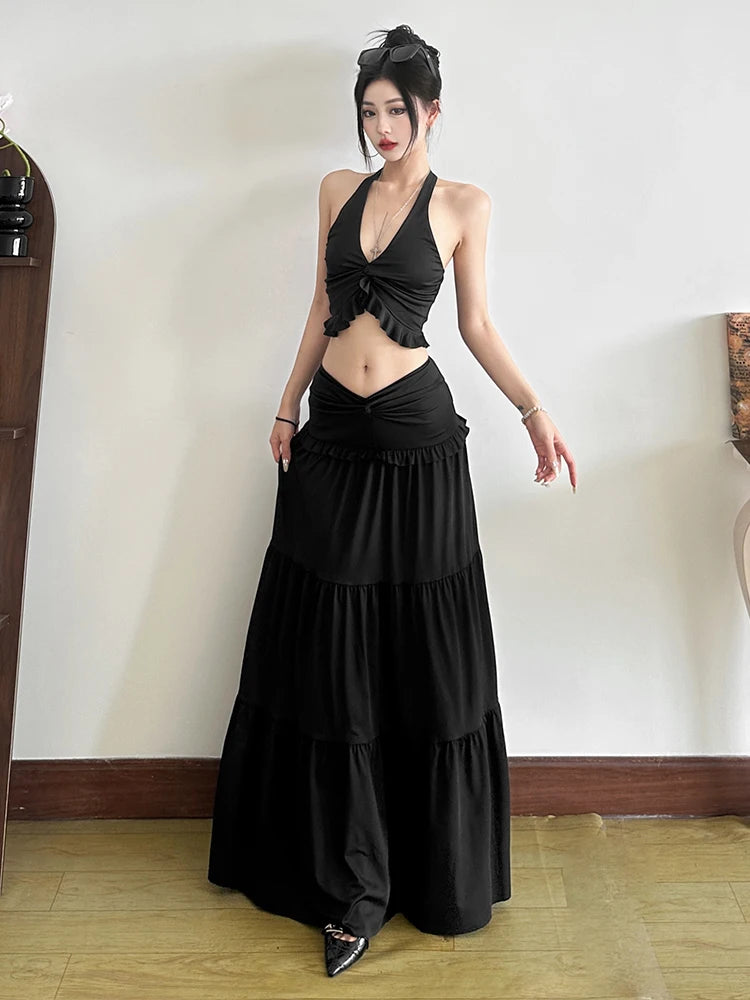 Two Piece Set Halter Backless Crop Camisole Waist Ruffles Long Skirt Ruched Street Suits