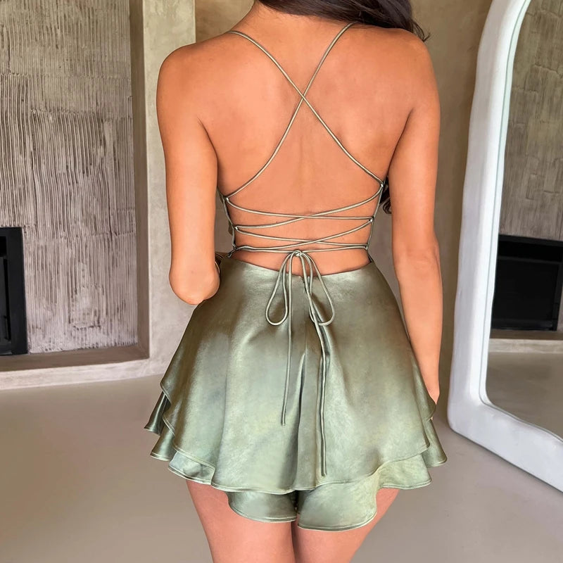 Satin Spaghetti Strap Mini Dress Vintage Sleeveless Backless Lace-up A-line Short Dress Blub Dress