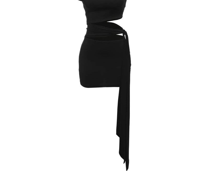 Hollow Dress Irregular Diagonal Collar Waistless Coquettish Mini Bodycon