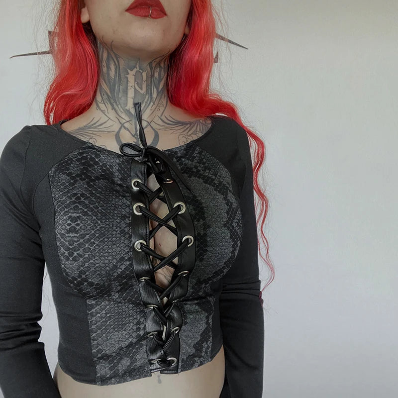 Round Neck Splicing Lace-Up Tie Skeleton Hollow Long Sleeve Top