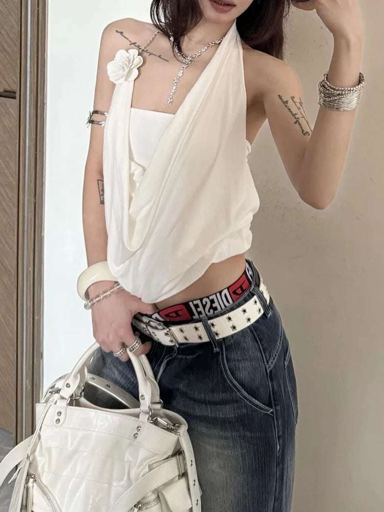Sweet Two Tops Mini Wrap Halter Top with 3D Flowers WHITE