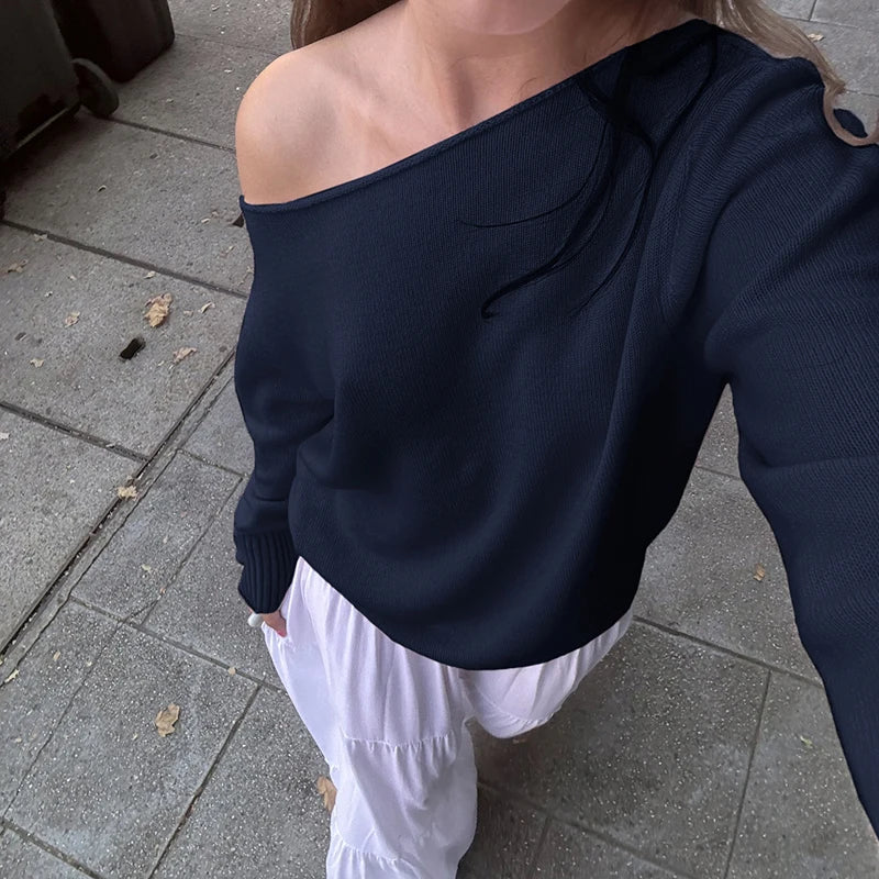 Skew Collar Knit Pullovers Loose Sweaters All-match 's