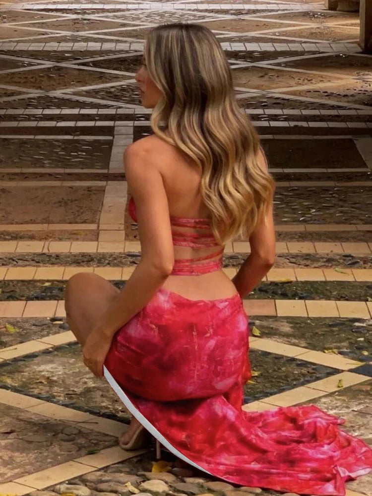 Tie-Dye Print Dress Halter Backless Irregular Hollow Ruched Knot Tie-Dye Ribbon Slits Long Bodycon