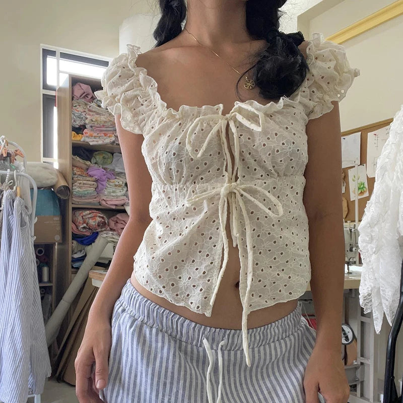 Hollow Out Slim Tee Shirts Lace Up Square Collar Top