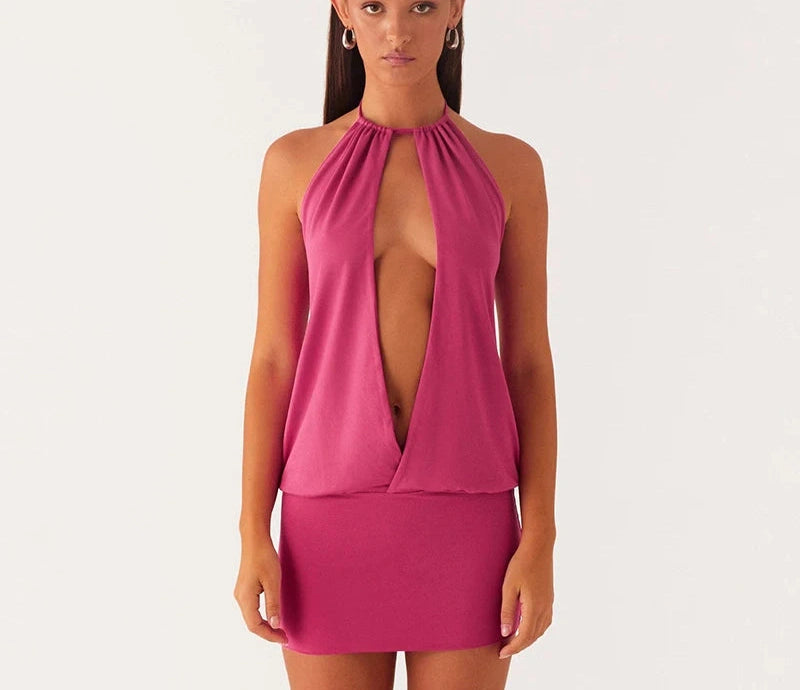 And Hollow Out Hanging Neck Low-Cut Backless Sleeveless Package Hip