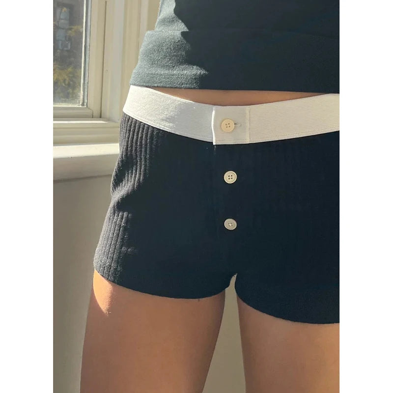 Low Waisted Button Up Mini Shorts Patchwork Slim Bottoms Shorts