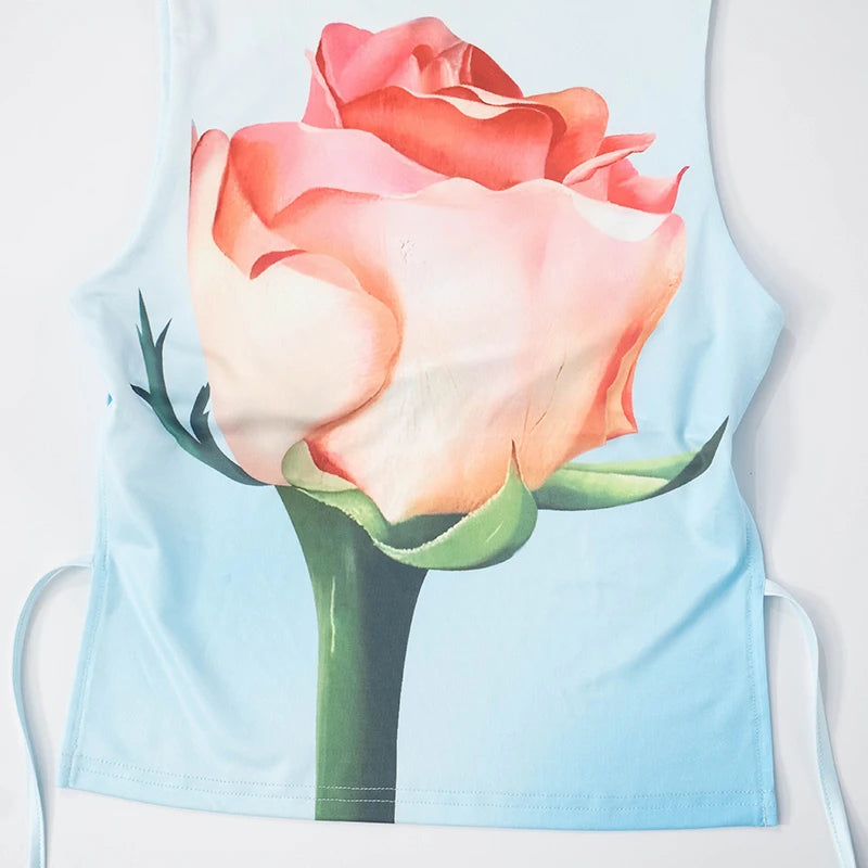Spring And 'S Round Neck Flowers Printed Net Tie Slim Thin Tank Top Tank
