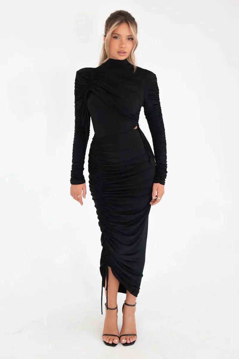 Long Sleeve Ruched Maxi Dress Drawstring Turtleneck Bodycon Long Dress