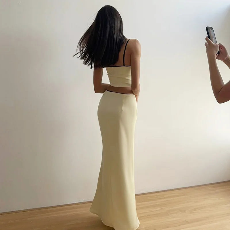 Apricot Satin Backless Crop Top and Midi Skirt Two Piece Set