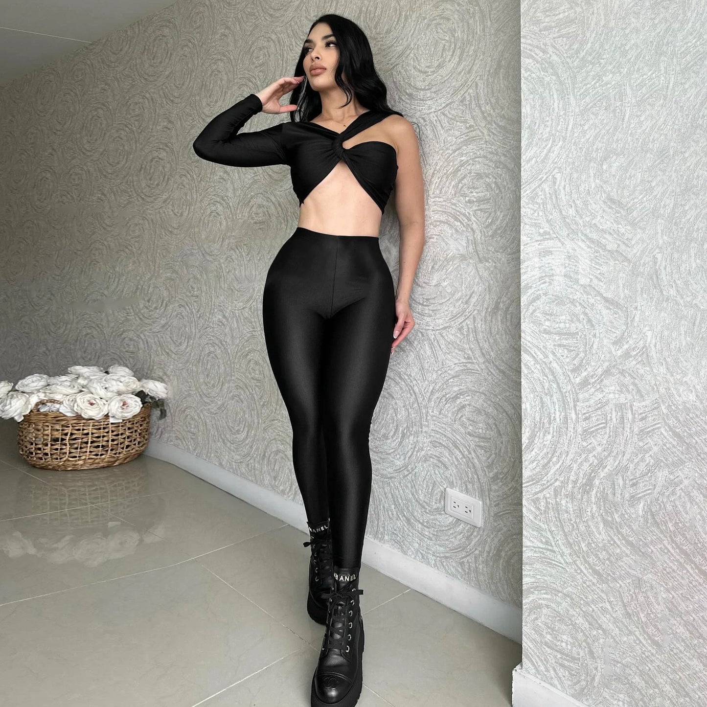 The Navel Expo Deign Sene Single Sleeve Top Thin Slim Pant Set