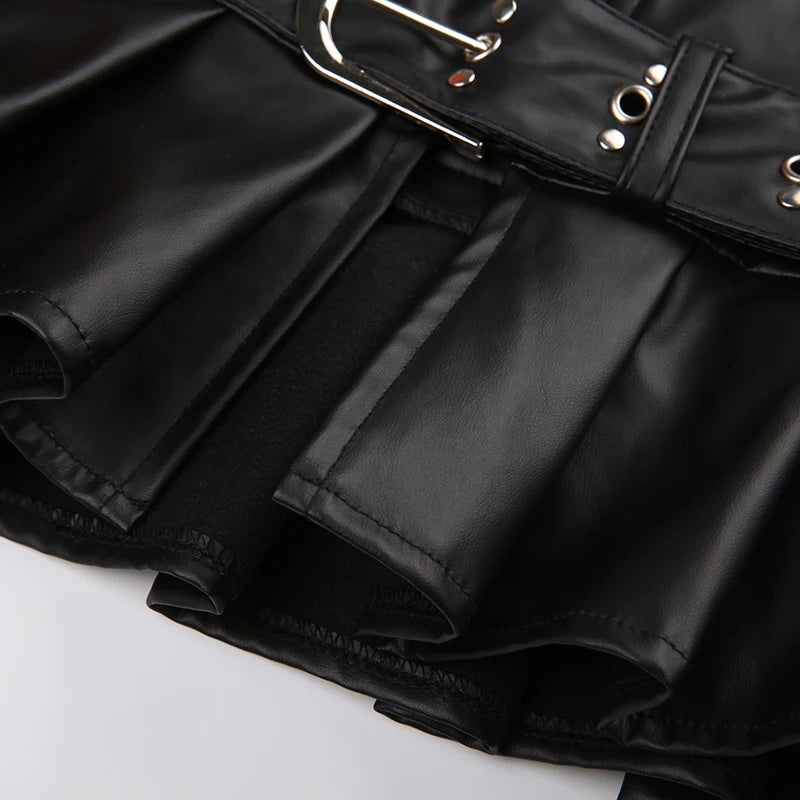 Low Waisted PU Black Mini Shorts Grunge Adjustable Zipper Bottoms