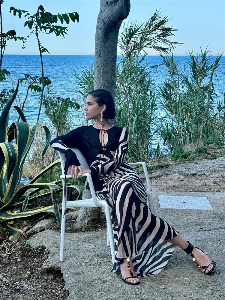 Transparent V-Neck Long Sleeve Dress High Waist Pullover Street Dress