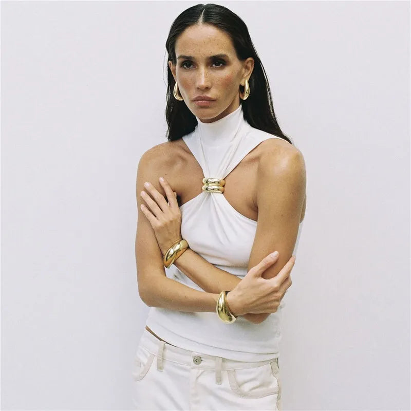 Turtleneck Knit Tank Top Vest Pullovers Metal Ring Camisole Sleeveless Knitted Top Cropped Top