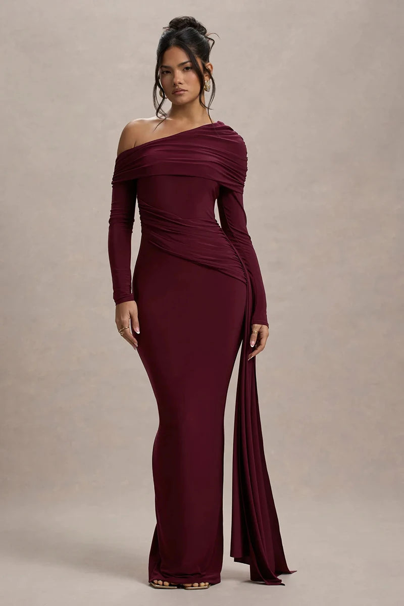 Skew Collar Long Sleeve Maxi Dress Gown Backless Draped Ruched Bodycon Long Dress