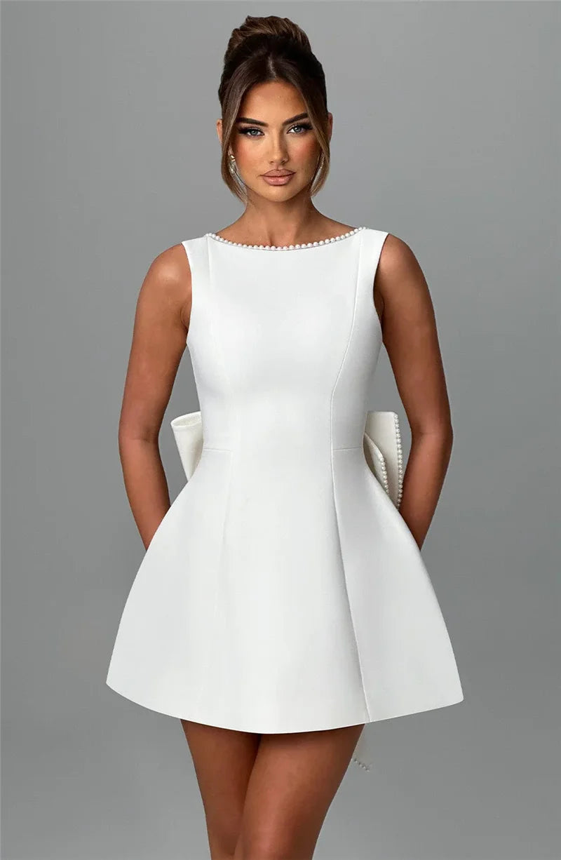 Pearl Bow Backless Mini Dress Zipper Sleeveless High Waist A-line Dress