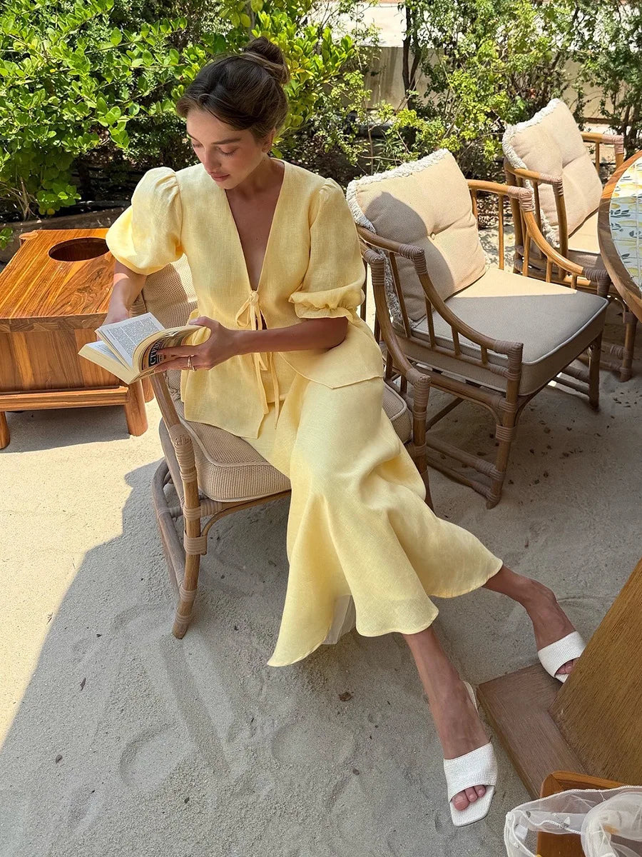 Yellow Cotton Short Sleeve Top and High Waist Midi Skirt Set