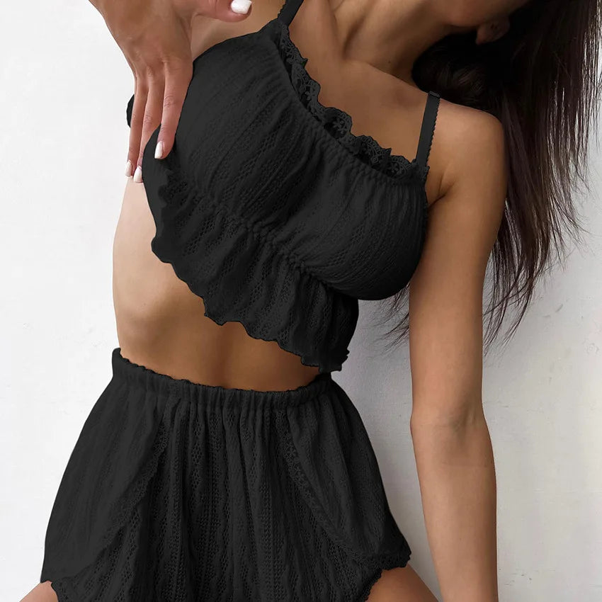 Lace Patchwork Pajamas Sets Hollow Out Crop Top Sleep Spaghetti Strap Night Shorts Nightie Suits