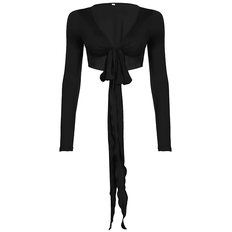 Slim Lace Up Leisure Shirts Long Sleeves V-neck s Top