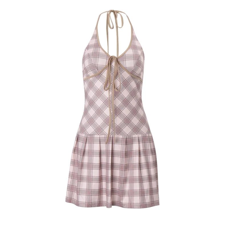 Plaid Halter Dress Lace-up V-Neck Sleeveless Mini Dress High Street wear