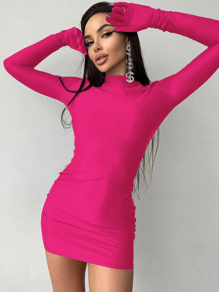 Long Sleeve With Gloves Mini Dress Bodycon Street Half Turtleneck