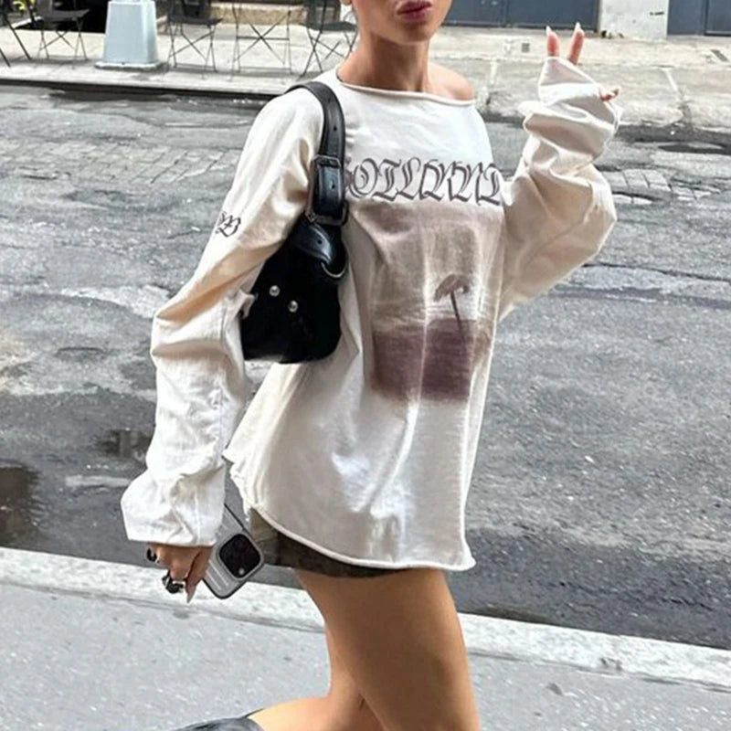 Graphic Print Oversized Sweatshirts Crewneck Loose