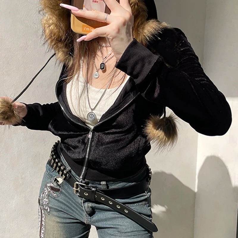 Zip Up Fur Neck Hoodie Coats 's Jackets Front Pockets