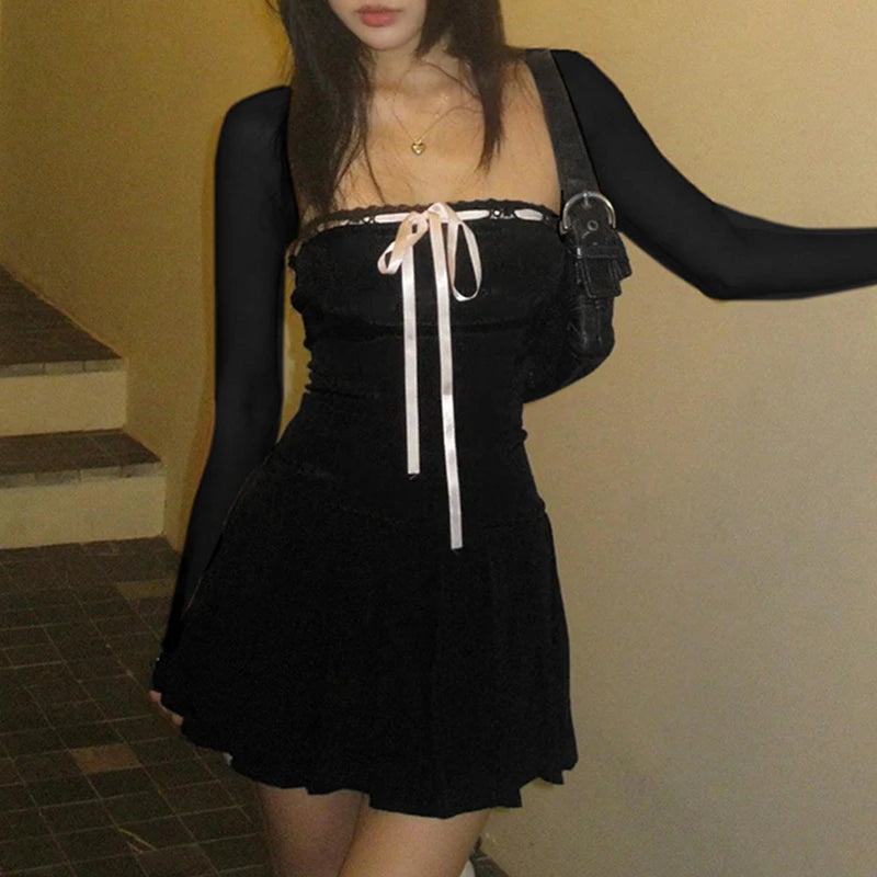 Black Lace Up Square Collar Dresses Balletcore Aesthetic Bodycon Long Sleeve Mini Dress Korean