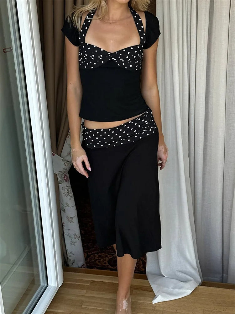 Patchwork 2 Piece-Set MIni Skirt Lace-Up Contrast Backless Cropped Top And High Waist Skirt Sets