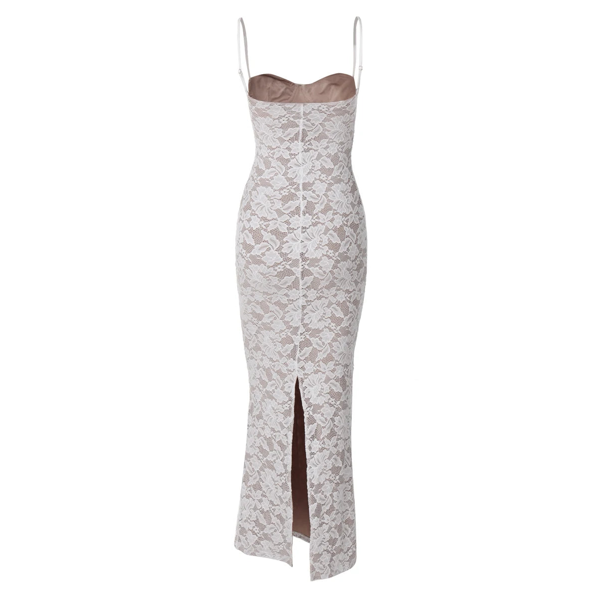 White Floral Backless Mesh Slit Bodycon Maxi Dress