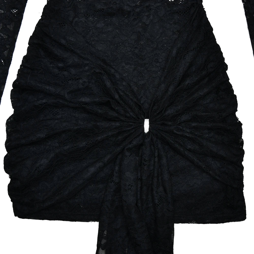 See Through Lace Dress Black Long Sleeve Floral Dress Slim Dresses