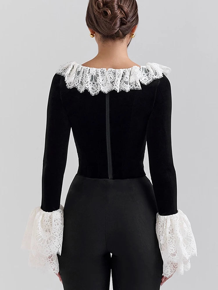 Square Collar Lace T-shirt Patchwork Flare Sleeve Short Tops Femme Slim French Street