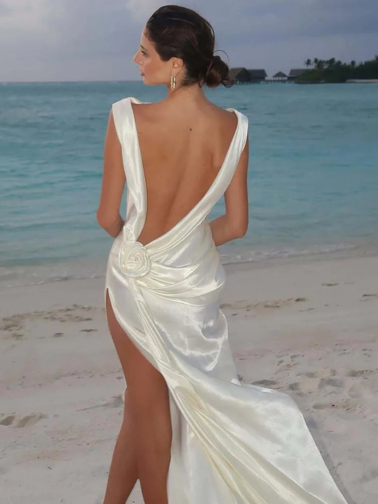 Satin Backless High Split Maxi Dress