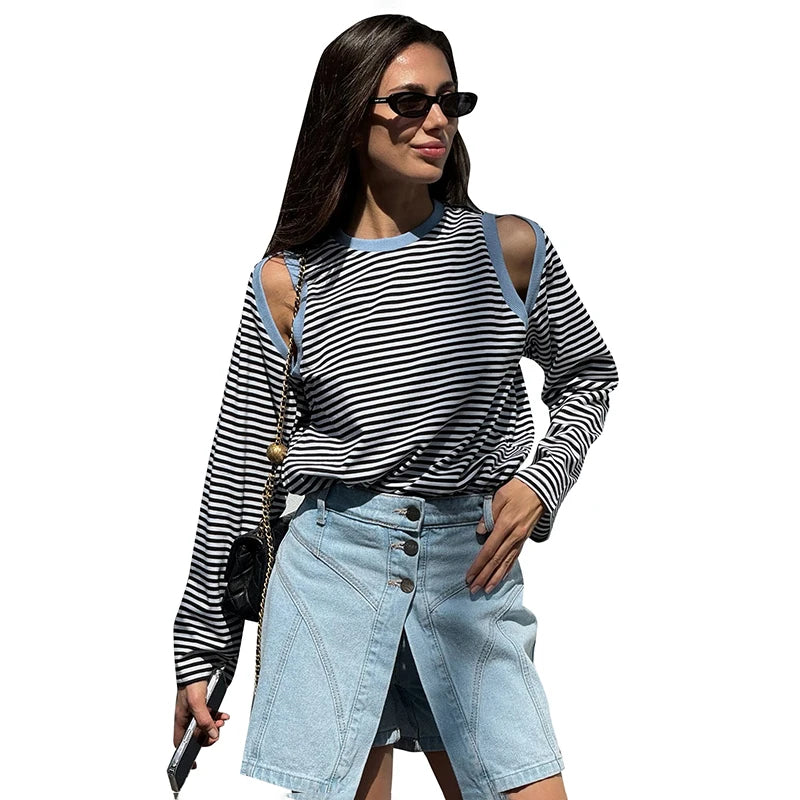 Strip Contrast Off-Shoulder Long Sleeve Top