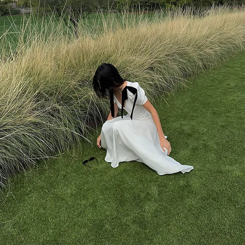 White Lace-Up Long Dress with Black Bow