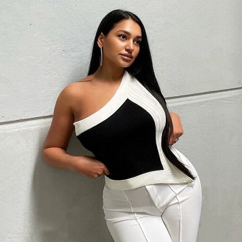 White Black Patchwork Slah Collar Aymmetrical Tank Top Side Hollow Out Lace-Up Top