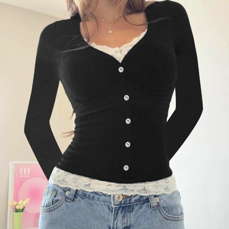 Lace Patchwork Slim Tee Shirt Long Sleeve Button Top