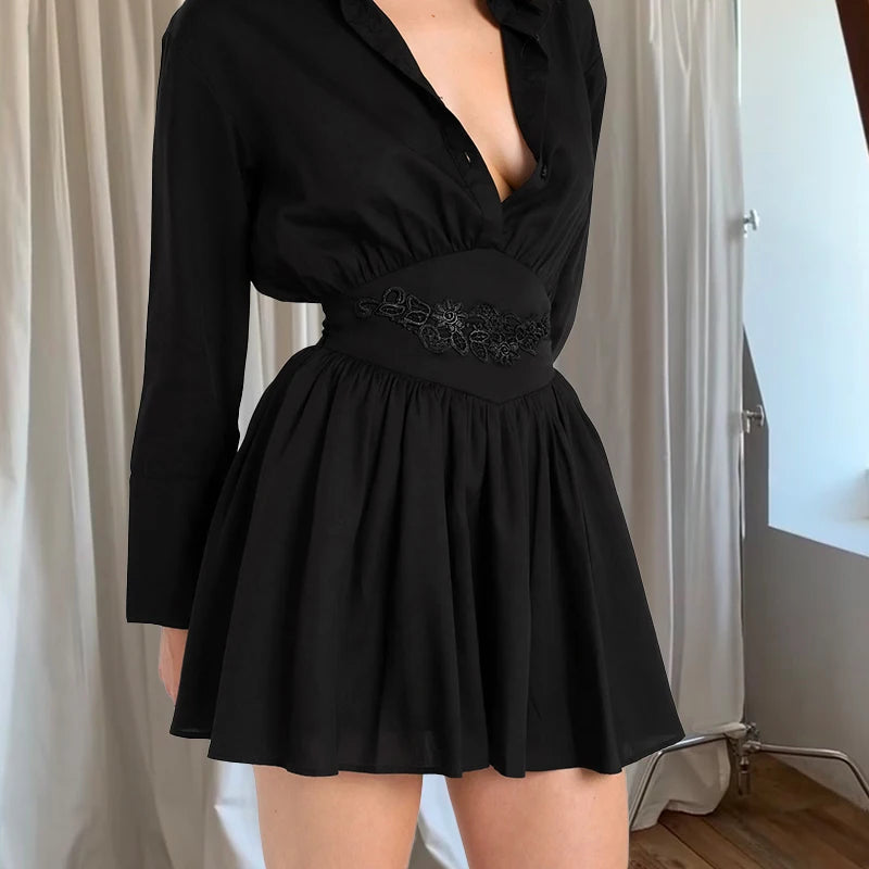 Solid Color Lapel Long Sleeve Embroidery Dress Ruffle Runch Short Dress Wear