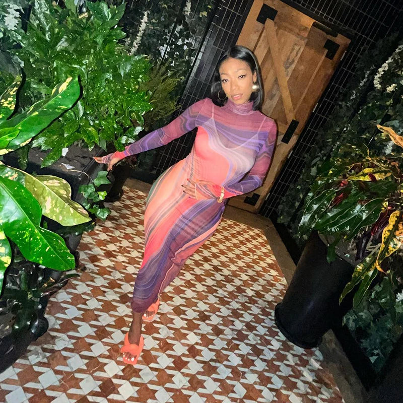 Multi- Long Sleeve Tight Slim Dress Meh See Through Collar Rainbow Dress
