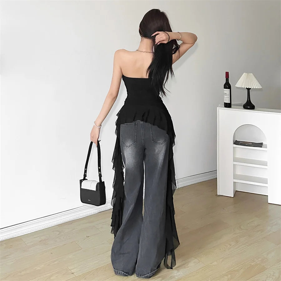 Solid Color Sweet Gentle Cute All-match Travel Chest Wrap ruched Tassel Vest