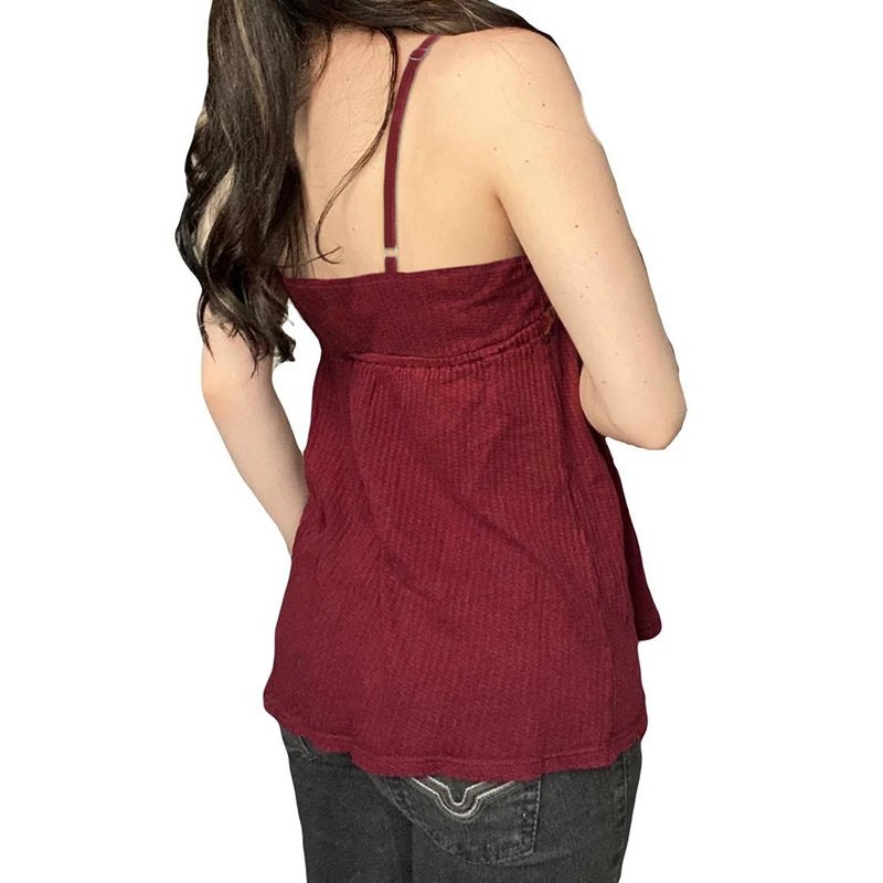 Bow Lace Camisoles Backless Red Top Sleeveless Buttons 's
