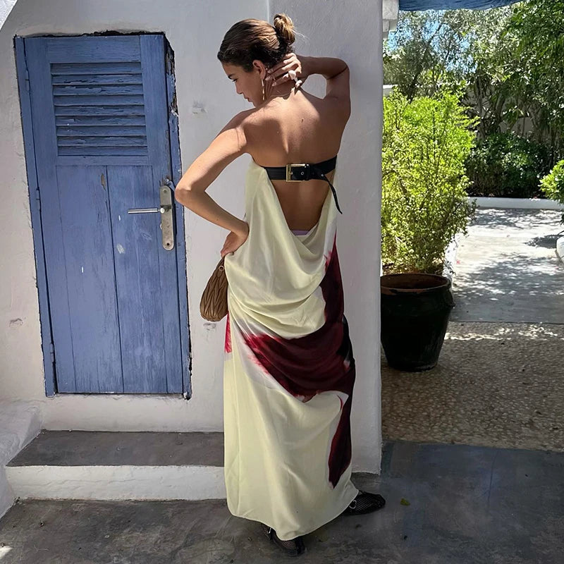 Straple Floral Belt Maixi Dress Yellow Backless Wait Dress