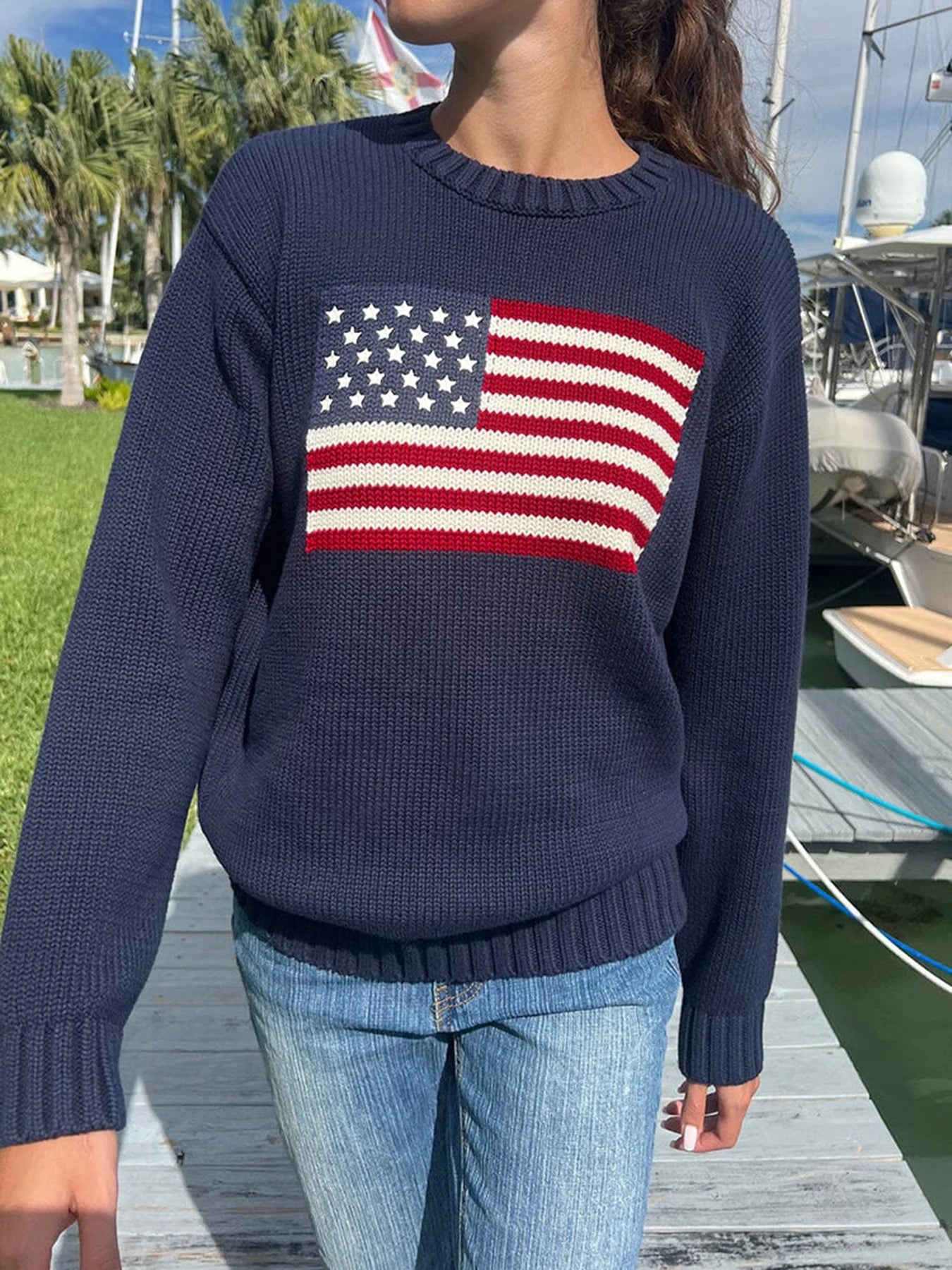 Graphic Knit Sweater Crewneck Pullover Looe
